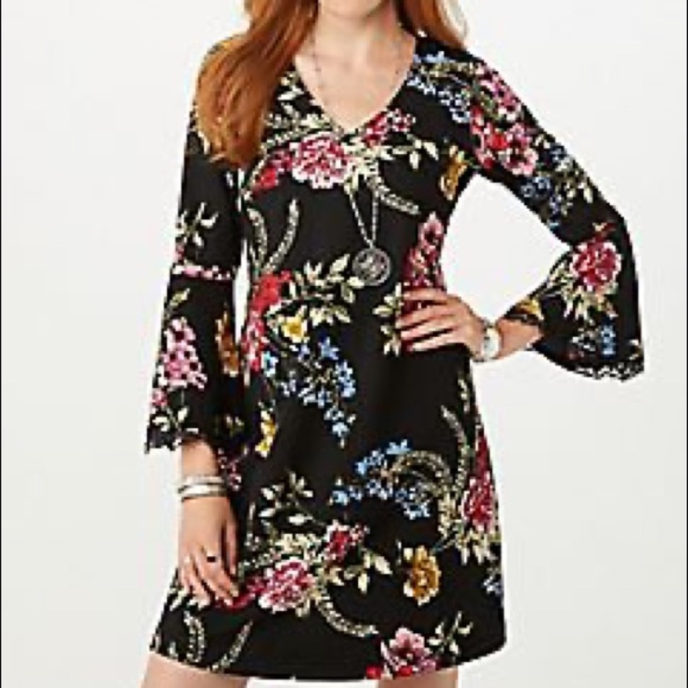 NWT Black Floral Print Dress with Bell Sleeves